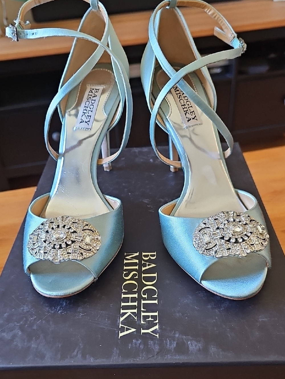 Badgley Mischka Aqua Satin Crystal-Embellished Strappy Heels